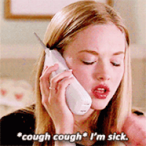 A Woman Talking On A Cell Phone With The Words " Cough Cough I 'M Sick " Below Her GIF