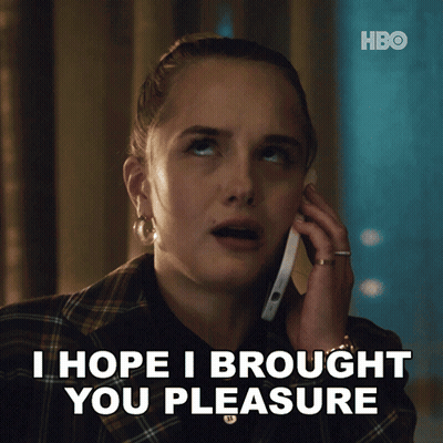 A Woman Talking On A Cell Phone With The Words I Hope I Brought You Pleasure Below Her GIF