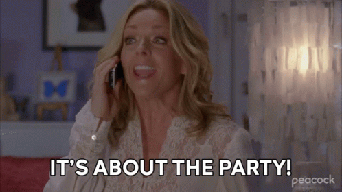 A Woman Talking On A Cell Phone With The Words It 'S About The Party Behind Her GIF