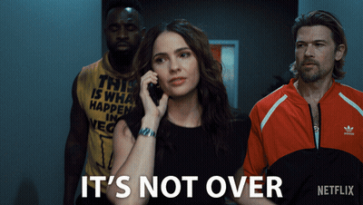 A Woman Talking On A Cell Phone With The Words It 'S Not Over In The Corner GIF