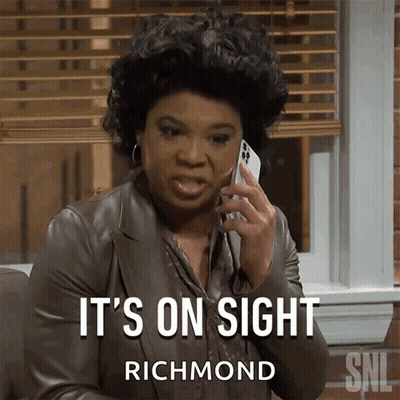 A Woman Talking On A Cell Phone With The Words It 'S On Sight Richmond Below Her GIF