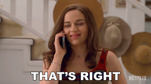 A Woman Talking On A Cell Phone With The Words " That 'S Right " Above Her GIF