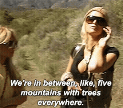 A Woman Talking On A Cell Phone With The Words We 'Re In Between Like Five Mountains With Trees Everywhere Above Her GIF