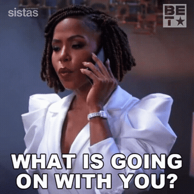 A Woman Talking On A Cell Phone With The Words " What Is Going On With You " GIF