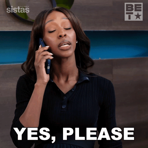 A Woman Talking On A Cell Phone With The Words " Yes Please " Below Her GIF