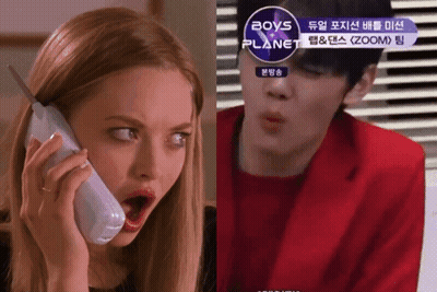 A Woman Talking On A Phone Next To A Man In A Red Jacket With Boys Planet Written On The Bottom GIF
