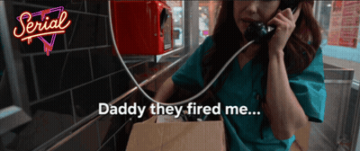 A Woman Talking On A Phone With The Words Daddy They Fired Me Behind Her GIF