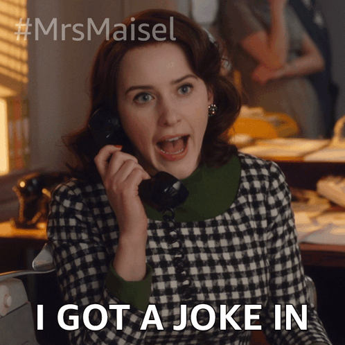 A Woman Talking On A Phone With The Words " I Got A Joke In " Below Her GIF