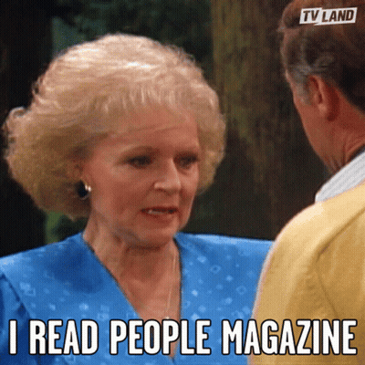 A Woman Talking To A Man With The Words I Read People Magazine On The Bottom GIF