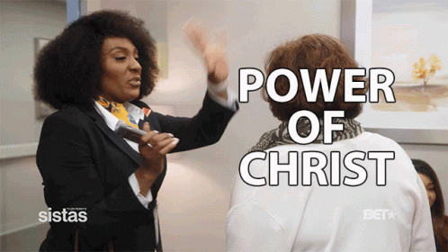 A Woman Talking To Another Woman With The Words Power Of Christ On The Screen GIF