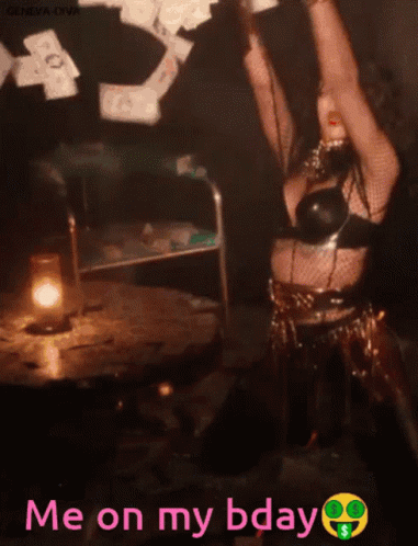 A Woman Throwing Money In The Air With The Words Me On My Bday Below Her GIF