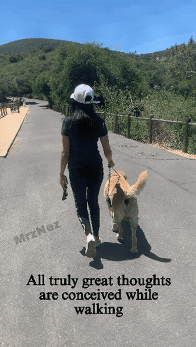 A Woman Walking A Dog On A Leash With The Caption All Truly Great Thoughts GIF