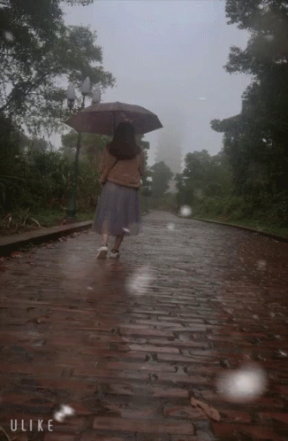 A Woman Walking Down A Cobblestone Road With An Umbrella And The Word Ulike On The Bottom GIF
