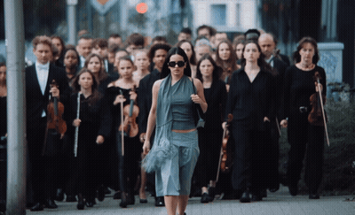 A Woman Walking In Front Of A Large Group Of People Holding Violins GIF