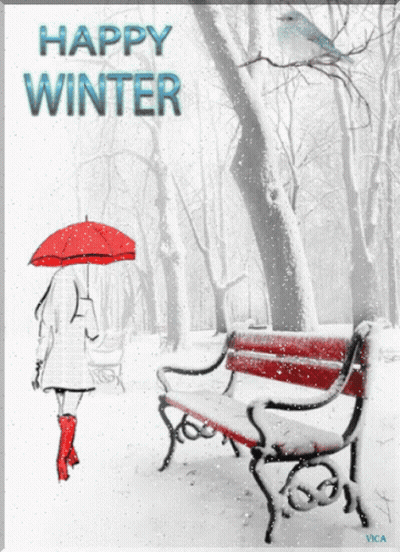A Woman Walking In The Snow With An Umbrella And The Words Happy Winter GIF