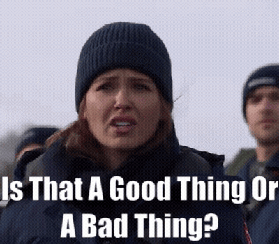 A Woman Wearing A Beanie Is Asking Is That A Good Thing Or A Bad Thing GIF