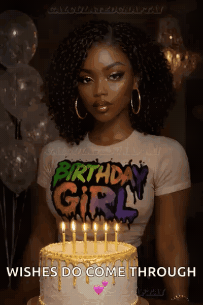 A Woman Wearing A Birthday Girl Shirt Stands In Front Of A Cake With Candles GIF