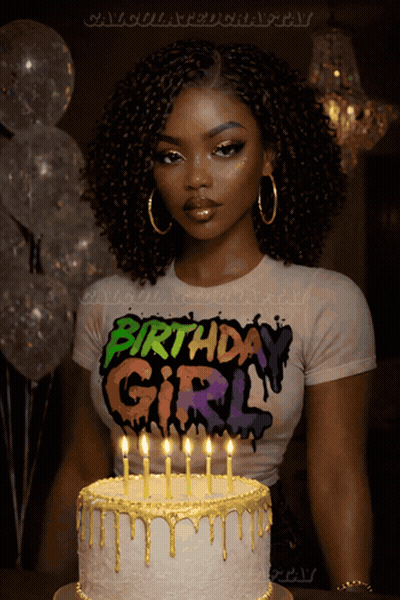 A Woman Wearing A Birthday Girl Shirt Stands In Front Of A Cake With Lit Candles GIF