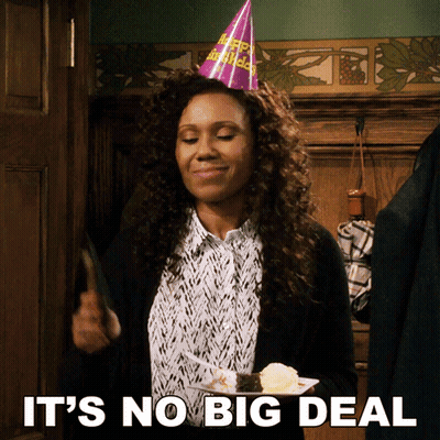 A Woman Wearing A Birthday Hat Is Holding A Plate Of Cake And The Words It 'S No Big Deal Below Her GIF