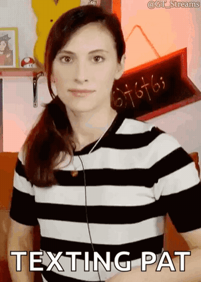 A Woman Wearing A Black And White Striped Shirt Says " Texting Pat " GIF