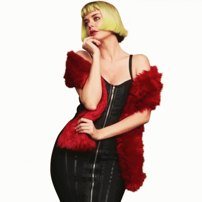 A Woman Wearing A Black Hat And A Red Furry Scarf GIF