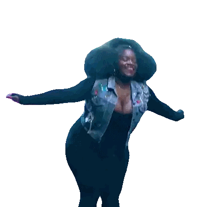 A Woman Wearing A Black Top And A Denim Vest Is Dancing With Her Arms Outstretched Sticker