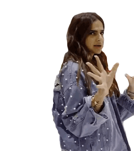 A Woman Wearing A Blue Denim Jacket With Pearls On The Sleeves Sticker