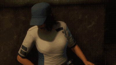 A Woman Wearing A Blue Hat And A White Shirt Is Holding A Tablet GIF
