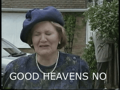 A Woman Wearing A Blue Hat And Pearls Says " Good Heavens No " GIF