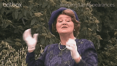A Woman Wearing A Blue Hat And White Gloves With The Words Keeping Up Appearances On The Bottom GIF