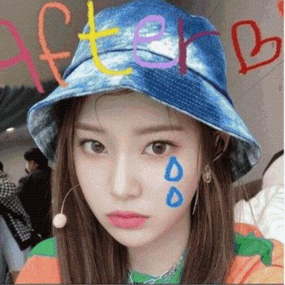A Woman Wearing A Blue Hat Has The Word After Written On Her Face . GIF