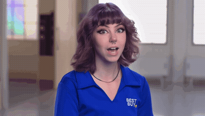 A Woman Wearing A Blue Shirt That Says Best Buy On It GIF