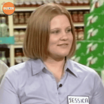 A Woman Wearing A Blue Shirt With A Name Tag That Says Jessica GIF