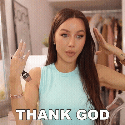 A Woman Wearing A Blue Tank Top Says Thank God GIF