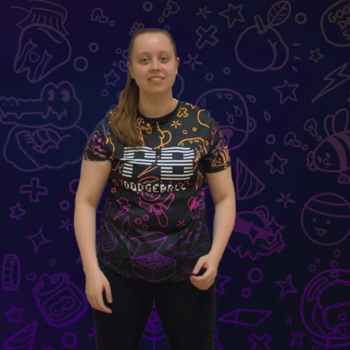 Woman In Booyah Shirt In Front Of Purple Background GIF