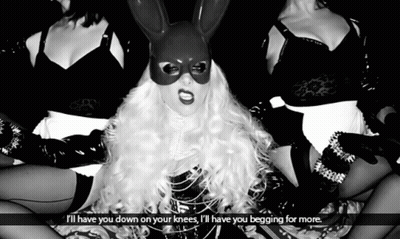 A Woman Wearing A Bunny Mask Says I 'Ll Have You Down On Your Knees GIF