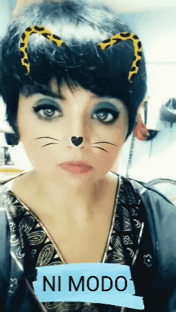 A Woman Wearing A Cat Mask With A Sign That Says Ni Modo On It GIF
