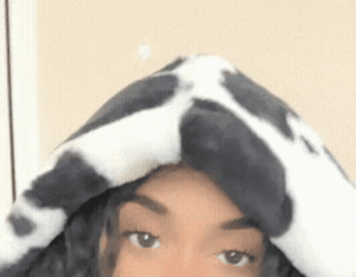 A Woman Wearing A Cow Print Hat Is Covering Her Head With A Blanket . GIF