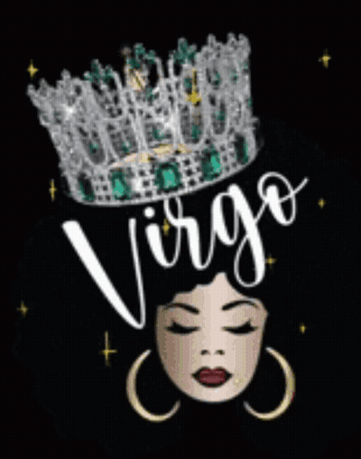 A Woman Wearing A Crown With The Word Virgo Written On It GIF