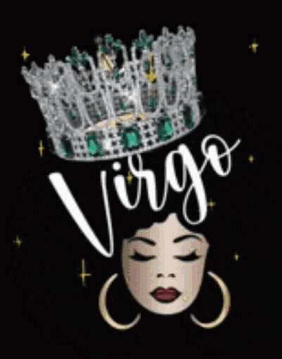A Woman Wearing A Crown With The Word Virgo Written On It GIF