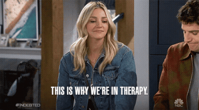 A Woman Wearing A Denim Jacket Says This Is Why We 'Re In Therapy GIF