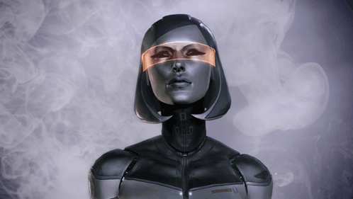 A Woman Wearing A Futuristic Costume And Glasses With The Letter U On Her Neck GIF