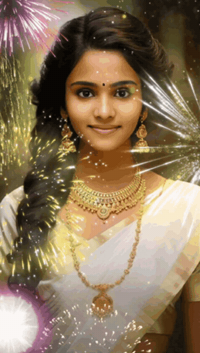 A Woman Wearing A Gold Necklace And Earrings Is Smiling With Fireworks In The Background GIF