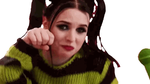 A Woman Wearing A Green And Black Striped Sweater Is Making A Face Sticker