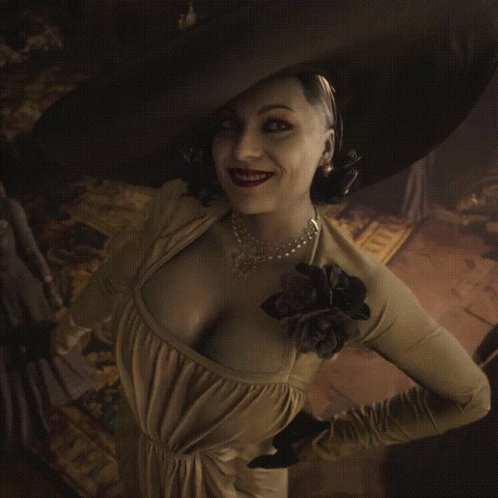 A Woman Wearing A Hat And A Dress With A Flower On Her Breast GIF