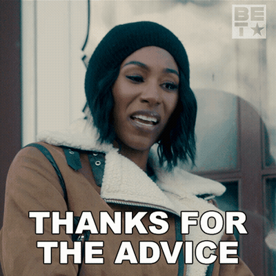 A Woman Wearing A Hat And A Jacket Says " Thanks For The Advice " GIF