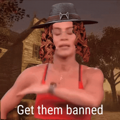 A Woman Wearing A Hat And A Red Tank Top With The Words Get Them Banned Below Her GIF
