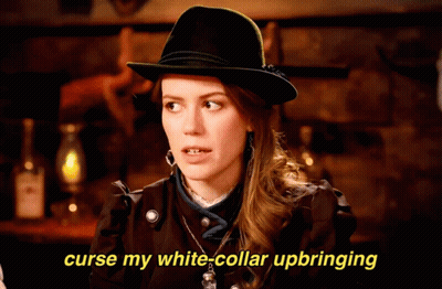 A Woman Wearing A Hat Says Curse My White Collar Upbringing GIF