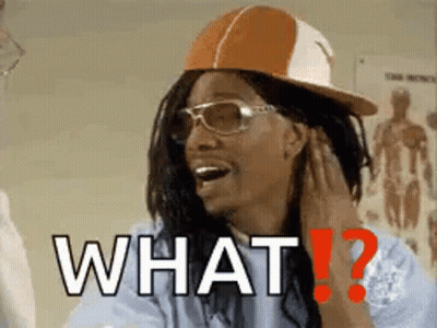 A Woman Wearing A Hat , Sunglasses And A Blue Shirt Is Asking What . GIF