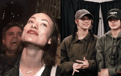 A Woman Wearing A Hat That Says The North Face Stands Next To Two Other Women GIF